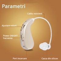 Aparat auditiv retroauricular BTE Reincarcabil, Flippy, Set 2 bucati Stinga Dreapta, Standard European, Aparat auditiv Cu incarcator, Aparat pentru Auz, 12 x 8.5 x 4 cm, 89 g, Auriu