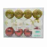 Set de 12 ornamente de brad, Flippy, de tip Glob, Alb/ Rosu, din polistiren, cu finisaj sclipitor , cutie 8 cm adancime x 32 cm lungime x 24 cm inaltime