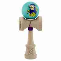 Kendama X Originala, Profesionala, Flippy, Blue Monkey, Super Sticky cu Cupe Mari King Size V3, Rulment Metalic si Gaura in Baza, din Lemn 18 cm, Ata 62/65 cm, Turcoaz