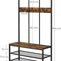 VASAGLE Cuier hol cu 12 carlige si banca pantofi, cadru metalic, stil industrial, 100x40x186 cm, maro rustic