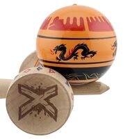 Kendama X Originala, Profesionala, Flippy, DRAGON Series, Super Sticky cu Cupe Mari King Size V3, Rulment Metalic si Gaura in Baza, din Lemn 18 cm, Ata 62/65 cm, Portocaliu/Negru