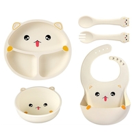 Set 5 Piese Hranire Bebelusi si Copii, Flippy, din Silicon, fara BPA, de la 12 Luni, Model Pisicuta, 28 x 26 x 2 cm, Bej