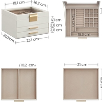SONGMICS Cutie de bijuterii cu 3 nivele, 2 sertare, capac din sticla, 20x23x14cm, alb si auriu