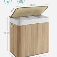 SONGMICS Cos de rufe din bambus, pliabil, cu captuseala detasabila lavabila, 3 compartimente, 150L, 60x40x60cm, natural