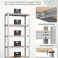 SONGMICS Raft de depozitare metalic, cu suprafata galvanizata, 5 polite, max. 875 kg, 180x90x40cm, argintiu