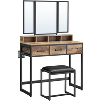 VASAGLE Masuta toaleta 90x40x141 cm, cu 3 sertare, oglinda tripla si taburet, lemn si otel, maro stejar si negru