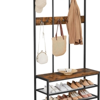 VASAGLE Cuier hol cu 12 carlige si banca pantofi, cadru metalic, stil industrial, 100x40x186 cm, maro rustic
