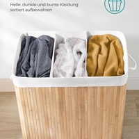 SONGMICS Cos de rufe din bambus, pliabil, cu captuseala detasabila lavabila, 3 compartimente, 150L, 60x40x60cm, natural