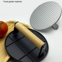 Presa Manuala pentru Carne, Flippy, din Aliaj de Aluminiu, Maner din Lemn, Presa pentru Burgeri, Usor de Curatat si Folosit, Rotunda, 16x16x6 cm, Gri