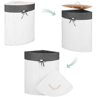 Cos de rufe triunghiular pentru colt cu capac, bambus si sac textil detasabil, 60 litri, 55x35x60 cm, alb si gri