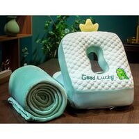 Set 2in1 Patura Microfibra si Perna din Spuma, Vafy, pentru Birou, Calatorii, Pauze, Model Dinozaur, Microfibra, 1x1.7 m, 30x35x30 cm, Verde