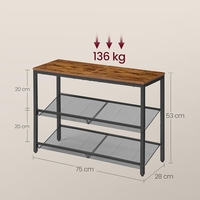 VASAGLE Etajera pantofi cu 3 niveluri, rafturi metalice reglabile si blat superior, stil industrial, 75x28x53 cm, maro rustic