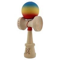 Kendama X Originala, Profesionala, Flippy, Cupe Mari KING SIZE V3, Rubber Grip, Gaura in Baza, Rulment Metalic, din lemn 18 cm, Ata 62/65 cm, Gradient Albastru/Galben/Rosu