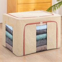 Cutie de Depozitare Pliabila, Flippy, 66 L, din Bumbac si In, 50x40x33 cm, 2 Ferestre, Frontala si Laterala, 2 Usi de Acces cu Fermoar Bidirectional, Cadru Metalic, Suport Baza Stabil din Plastic, Bej