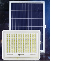 Proiector LED cu Panou Solar Flippy, Senzor de lumina Waterproof, 200W, 29x23 cm, suport U inclus, panou afisaj nivel baterie, telecomand, 220V, Design Modern, Alb
