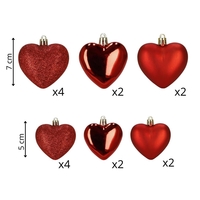 Set globuri decorative in forma de inima, 16 bucati, plastic, 4-7 cm, rosu