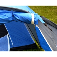 Cort camping 4 persoane cu antreu, impermeabil 3000 mm, 450x210x150 cm, negru si albastru