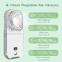 Ventilator Portabil Vafy, 3 in 1, de Mana, de Gat, de Birou, 16.7 x 8 x 1.9 cm, 3 Trepte de Viteza, Incarcare USB, Pliabil, Afisaj Digital, Suport Telefon, Alb