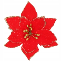 Set 10 ornamente pentru bradul de Craciun, stea Poinsettia, 13cm, rosu cu sclipici