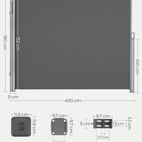 SONGMICS Paravan lateral pentru intimitate, extensibil, sistem fixare inclus, 160x400cm, gri