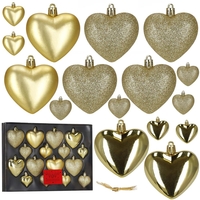 Set globuri decorative in forma de inima, 16 bucati, plastic, 4-7 cm, auriu