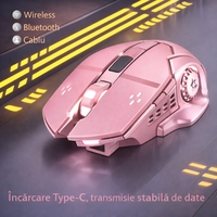 Mouse Wireless, Vafy, 6 Butoane, DPI Ajustabil 1200-3600, Iluminare RGB Tip Breathing, Reincarcabil, 138x80x38 mm, Compatibil MacBook/iPad/Laptop, Roz