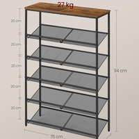 VASAGLE Etajera pantofi 6 niveluri, rafturi metalice reglabile, blat din PAL, stil industrial, 75x28x114 cm, maro rustic