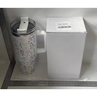 Cana Termos din Plastic, Flippy, pentru Bauturi Calde si Reci, cu Maner, Imprimeu Floral, Alb, 10x7.6x27.5 cm