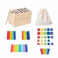 Jucarie Educativa Montessori Flippy din Lemn, Cutie Sortare Forme, Culori si Betisoare, Joc de Insirare, 56 piese, Dezvoltare Motricitate Fina, Copii 3+ ani, Multicolor