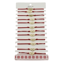 Bratara Martisor pentru Dama, Jolie, Model Inima, Set 12 bucati, Pandativ din Inox Auriu, Snur Ajustabil Impletit, Rosu
