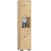 Dulap baie tip coloana cu 2 usi, 1 sertar si rafturi interioare, PAL laminat, 30x30x140 cm, stejar artisan