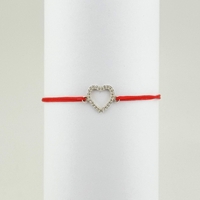 Bratara Snur Reglabil, Jolie Silver, pentru Dama, Pandantiv din Argint 925, Model Inima Contur cu Pietre Mici din Zirconii, 1 x 1 cm, Argintiu/Rosu