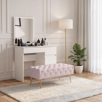 Taburet Monaco, tapitat cu catifea, tip banca, cu picioare metalice, 100x42x41 cm, roz pudra