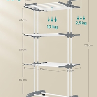SONGMICS Uscator de rufe pliabil 4 niveluri, cu aripi laterale si roti, otel inoxidabil, 126x64x172 cm, alb