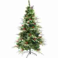 Brad artificial de Craciun, decorat cu conuri pin rosii, pentru interior/exterior, inaltime 150 cm, diametru 104 cm, 323 ramuri, Flippy, verde, suport metalic inclus
