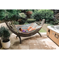 Hamac dublu cu bare din lemn, pentru 2 persoane, bumbac, 150kg, 200x150 cm, albastru si maro