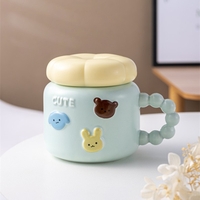 Cana pentru Copii, Flippy, din Portelan, print Figurine Animalute, Model CUTE, Cana cu Capac, Ceasca pentru Cafea, Ceai, 400ml Albastru deschis