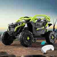 Masina Electrica pentru Copii, Flippy, Tip Buggy/UTV Off-Road Dual Drive, Conectare Bluetooth, Telecomanda, Lumina Intermitenta si Muzica, Baterie 380*2, 6V 7Ah, 97 x 62 x 58 cm, Verde Negru