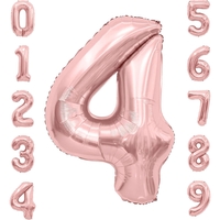 Balon din Folie Metalizata Flippy, Figurina Cifra, Tema Aniversare 40 cm, Ambalaj Individual, Pai inclus, Umflare cu Aer sau Heliu, Rose Gold, Cifra 4