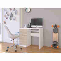 Birou computer PIKSEL, cu sertar, dulap si raft pentru tastatura, stanga, 90x50x77 cm, alb si stejar sonoma