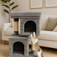 Ansamblu de zgariat pentru pisici tip turn cu 2 niveluri, tunel, casuta si pat, MDF si plus, 67 cm, gri