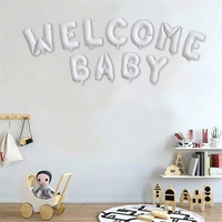 Set Baloane din Folie Metalizata, Flippy, Figurine Litere, Model Welcome Baby, Tema Aniversare, 40 cm, Ambalaj Individual, Pai inclus, Umflare cu Aer sau Heliu, Alb