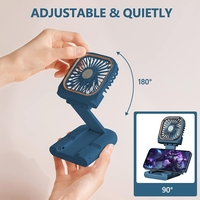 Ventilator Portabil Vafy, 3 in 1, de Mana, de Gat, de Birou, 16.7 x 8 x 1.9 cm, 3 Trepte de Viteza, Incarcare USB, Pliabil, Afisaj Digital, Suport Telefon, Albastru