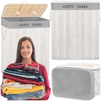 Cos pentru rufe din bambus, pliabil, cu 2 compartimente, volum 105 L, 63x52x33 cm, alb si gri