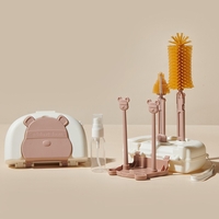 Set 7 Piese de Spalat/Uscat Biberoane, Flippy, Portabil, Peri de Silicon, pentru Tetine, Suzete, Biberoane, Paie, Cutie Inclusa, 16 x 11 x 5 cm, Model Ursulet, Maro
