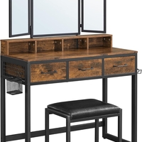 VASAGLE Masuta toaleta 90x40x141 cm, cu 3 sertare, oglinda tripla si taburet, lemn si otel, maro rustic si negru