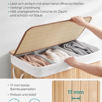 SONGMICS Cos de rufe din bambus, pliabil, cu captuseala detasabila lavabila, 3 compartimente, 150L, 60x40x60cm, natural