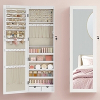 SONGMICS Dulap pentru bijuterii cu oglinda, montare pe perete sau usa, material MDF, inchidere cu cheie, 120x37x10 cm, alb