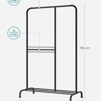 SONGMICS Stativ haine metalic 105x50x195 cm, cu bara ajustabila si 3 niveluri de depozitare, otel, negru