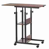 Birou reglabil pe inaltime cu rafturi si roti, blat din lemn si structura metalica, 80x40x76-86 cm, maro inchis